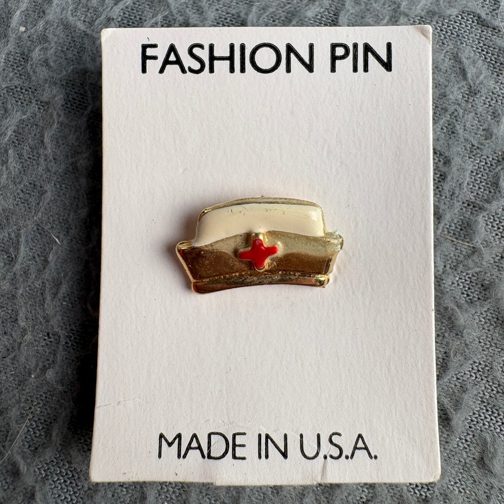 Vintage Nurse Cap Enamel Pin Gold Tone Red Cross Medical RN LPN Made in USA